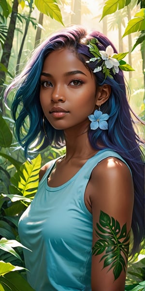 score_9, score_8_up, score_7_up, source_comicbook, source_anime,

minimalist painting, 1girl (brown skin, african american), (((brown skin girl))), (((light blue hair))), long hair, middle part hair, straight hair, hair down, in a tropical forest, tshirt with flower graphic, arm tattoo, perfect hands, girl hands, narrow face, slim eyes,  hour-glass figure woman in nature, detailed background, joyful expression, looking away from viewer, peaceful, front view, happy, loose hair, magnificent lighting, good shading, peaceful contrast, light mist, tropical leaves in foreground, straight horizon in background, daytime, raytracing, small earrings intricate details, wallpaper, detailed face, detailed eyes, high definition, best quality, advanced artist, hyper realistic, EpicSky, arcane, artwork, good lineart, clear line art, sharp, ultrasharp definition,

intricate details, wallpaper, detailed face, detailed eyes, high definition, best quality, advanced artist, hyper realistic, EpicSky, arcane, artwork, good lineart, clear line art, sharp, ultrasharp definition, vibrant color, string contrast, glowing light,cloud