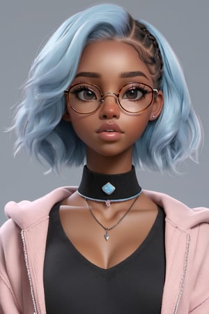 score_9,  score_8_up, 1girl, black girl, (((brown skin))), black_choker, light blue hair, blush, choker, eyelashes, grey_background, lips, long_hair, nose_blush, parted_lips, blue_eyes, simple_background, solo_focus, teeth, hair down, upper_body, slim eyes, glasses, adorable, 22 year old, university sweater, a character portrait inspired by WLOP, trending on artstation, digital art, details, pouty look, octane render, 3d stylized render, hi definition, 3d render, 3d, 3d toon style,3D