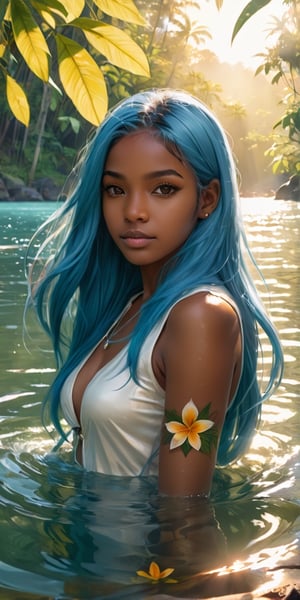 score_9, score_8_up, score_7_up, source_comicbook, source_anime,

minimalist painting, 1girl (brown skin, african american), (((brown skin girl))), (((light blue hair))), long hair, middle part hair, straight hair, hair down, in a tropical lake, flower, arm tattoo, perfect hands, girl hands, narrow face, slim eyes,  hour-glass figure woman in nature, detailed background, joyful expression, looking away from viewer, peaceful, front view, happy, loose hair, magnificent lighting, good shading, amber glow, peaceful contrast, light mist, tropical, straight horizon in background, sunset, raytracing, intricate details, wallpaper, detailed face, detailed eyes, high definition, best quality, advanced artist, hyper realistic, EpicSky, arcane, artwork, good lineart, clear line art, sharp, ultrasharp definition,

intricate details, wallpaper, detailed face, detailed eyes, high definition, best quality, advanced artist, hyper realistic, EpicSky, arcane, artwork, good lineart, clear line art, sharp, ultrasharp definition, vibrant color, string contrast, glowing light,cloud
