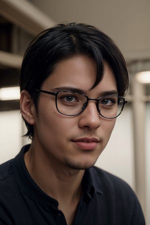 business man, A young man with short, jet-black hair and piercing blue eyes gazes directly at the viewer from a shallow depth of field, his closed mouth and intense expression exuding a sense of mystery. He wears modern glasses perched on the bridge of his nose, adding to his endearing yet enigmatic demeanor. The focus is solely on this one individual, bathed in warm indoor lighting that accentuates his striking features, smile, Taiwanese, bron in 1988