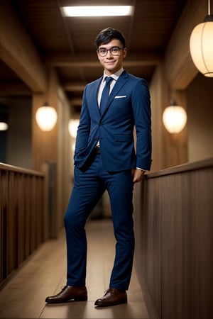 business man, A young man with short, jet-black hair and piercing blue eyes gazes directly at the viewer from a shallow depth of field, his closed mouth and intense expression exuding a sense of mystery. He wears modern glasses perched on the bridge of his nose, adding to his endearing yet enigmatic demeanor. The focus is solely on this one individual, bathed in warm indoor lighting that accentuates his striking features, smile, Taiwanese