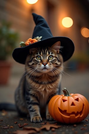 cat wearing witch hat, halloween decorations, depth of field, 