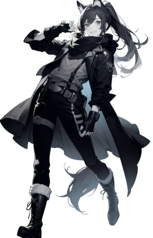 solo, middle long hair, simple background, gloves, 1boy, white background, monochrome, ponytail, greyscale, male focus, boots, fingerless gloves, sketch, 
confident smile, firm eyes, wolf ears, Hot-blooded boy