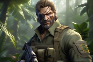 Big Boss, rugged at 45, stands confident amidst South American jungle ruins. Olive drab bandana wraps his head, eyepatch gazing out from beneath unkempt hair. Stubble-defined jawline sets firm as he wears a sneaking suit with tactical harness, knee pads, and utility belt. Custom combat gloves grasp his hands, dog tags around his neck. Suppressed pistol at thigh holster gleams in dynamic lighting, dappled sun filtering through the canopy. Camouflaged patterns dance across his gear, texture of wilderness setting sharp as his intense eyes scan the environment, alert to potential threat lurking amidst ancient temple's ruins.