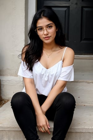 beautiful cute young attractive girl indian, teenage girl, village girl,18 year old,cute, instagram model,long black hair . Envision a Pakistani girl in a beautiful white shiet and black pants seated elegantly on stairs outside house, her chest subtly emphasized, exuding confidence and grace, adornes with modern jwellery ,wearing goggles,  Paperwork, intricate paper cutting with layered textures and delicate patterns, --ar 16:9 --v 5