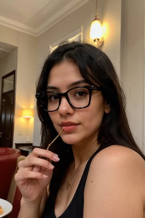  Lovely cute  acute an Instagram model 22 years old, full-length, long black_hair, black hair, winter, eating pizza with friends in hotel in  mumbai india ,wearing hot red top , black sunglasses on eyes indian