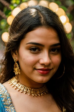 (best quality,4k,8k,highres,masterpiece:1.2),ultra-detailed,(realistic,photorealistic,photo-realistic:1.37),beautiful indian woman,close-up portrait,expressive eyes,long eyelashes,radiant smile,vibrant traditional attire,ornate jewelry,soft and glowing skin,subtle makeup,intricate henna design,graceful pose,golden hour lighting,colorful background,ethereal beauty,warm color tones,bokeh