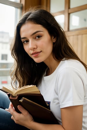 1girl, long hair, looking at viewer, brown hair, shirt, brown eyes, sitting, white shirt, upper body, short sleeves, parted lips, teeth, solo focus, indoors, blurry, lips, book, depth of field, ground vehicle, messy hair, open book, realistic, nose