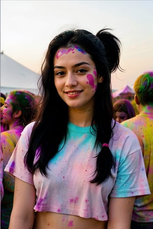  Lovely cute  acute an Instagram model 22 years old, full-length, long black_hair, black hair,  holi festival celebration with friends and colours, wearing clothes full of colours, pony_tail, hair_tied, colour on both cheeks, full face, clothes and hairs.