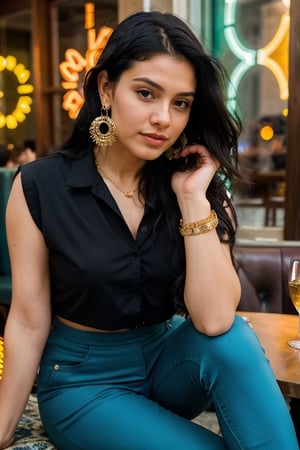 A confident Indian Instagram model sits amidst a luxurious restaurant's daytime ambiance, surrounded by vibrant colors. Her long black hair glistens in the radiant glow, wearing stylish top and blue pants, adding depth and dimension to the frame. She savors warm coffee with friends, her stunning colorful dress with delicate patterns matching the kaleidoscope backdrop. Dazzling earrings catch the light as she turns, her dark locks a striking contrast against the kaleidoscope colors.