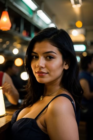 Confident Indian Instagram model posed amidst pulsating pub disco lights, her black hair flowing behind her as she effortlessly dances with friends in a modern setting at night. The well-lit atmosphere highlights delicate patterns on paperwork, contrasting with the vibrant brightness of the scene. Her dark hair adds depth and dimension against the colorful backdrop.