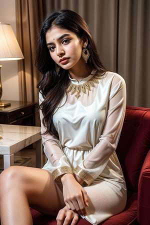 beautiful cute young attractive girl indian, teenage girl, village girl,18 year old,cute, instagram model,long black hair . Envision a Pakistani girl in a beautiful white shalwar kameez, seated elegantly in a luxurious hotel lounge, her chest subtly emphasized, exuding confidence and grace, adorned with exquisite jewelry including dangling earrings, Paperwork, intricate paper cutting with layered textures and delicate patterns, --ar 16:9 --v 5