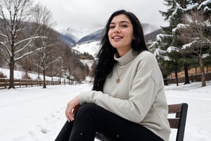 A breathtaking winter wonderland scene: A stunning Pakistani teenage girl, 18 years young, with long black hair, sits delighted amidst snow-covered mountains, wearing a vibrant red sweatshirt and sleek black pants. She holds intricate paper cutting artistry on her lap, modern jewelry adorning her neck for added elegance. With friends nearby, she playfully throws snowballs while laughing and enjoying the winter magic, radiating confidence and poise as if captured in an Instagram-inspired moment of carefree beauty.