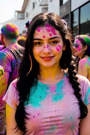  Lovely cute  acute an Instagram model 22 years old, full-length, long black_hair, black hair,  holi festival celebration with friends and colours, wearing clothes full of colours, pony_tail, hair_tied, colour on both cheeks, full face, clothes and hairs.