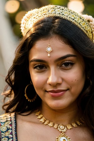 (best quality,4k,8k,highres,masterpiece:1.2),ultra-detailed,(realistic,photorealistic,photo-realistic:1.37),beautiful indian woman,close-up portrait,expressive eyes,long eyelashes,radiant smile,vibrant traditional attire,ornate jewelry,soft and glowing skin,subtle makeup,intricate henna design,graceful pose,golden hour lighting,colorful background,ethereal beauty,warm color tones,bokeh