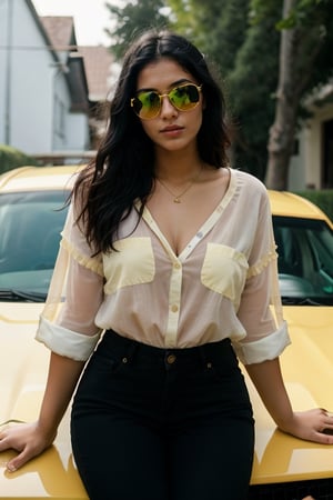 beautiful cute young attractive girl indian, teenage girl, village girl,18 year old,cute, instagram model,long black hair . Envision a Pakistani girl in a beautiful yellow shirt and black pants dribving car confidently,her chest subtly emphasized, exuding confidence and grace, adornes with modern jwellery ,  black goggles, Paperwork, intricate paper cutting with layered textures and delicate patterns, --ar 16:9 --v 5