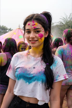  Lovely cute  acute an Instagram model 22 years old, full-length, long black_hair, black hair,  holi festival celebration with friends and colours, wearing clothes full of colours, pony_tail, hair_tied, colour on both cheeks, full face, clothes and hairs.