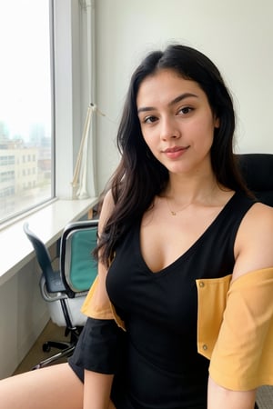  beautiful cute young attractive girl 22 year old, cute, instagram model,long black hair, taking selfie in office, showing her face, sitting, full confident, exotic beauty, full of attitude, wearing lemon dress.