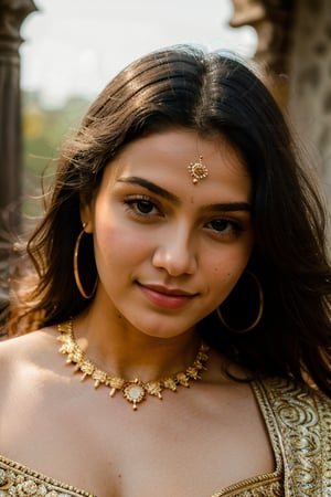 (best quality,4k,8k,highres,masterpiece:1.2),ultra-detailed,(realistic,photorealistic,photo-realistic:1.37),beautiful indian woman,close-up portrait,expressive eyes,long eyelashes,radiant smile,vibrant traditional attire,ornate jewelry,soft and glowing skin,subtle makeup,intricate henna design,graceful pose,golden hour lighting,colorful background,ethereal beauty,warm color tones,bokeh