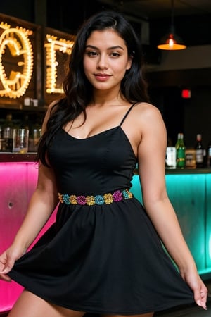 Confident Indian Instagram model dances amidst pulsating pub disco lights, her black hair flowing behind her as she effortlessly dances with friends in a modern setting of pub at night. wearing a colourful  party dress, colorful  dress, delicate patterns on paperwork, matching with the vibrant brightness of the scene. Her dark hair adds depth and dimension against the colorful backdrop.