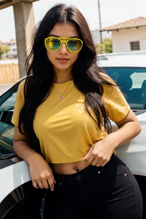 beautiful cute young attractive girl indian, teenage girl, village girl,18 year old,cute, instagram model,long black hair . Envision a Pakistani girl in a beautiful yellow shirt and black pants dribving car confidently,her chest subtly emphasized, exuding confidence and grace, adornes with modern jwellery ,  black goggles, Paperwork, intricate paper cutting with layered textures and delicate patterns, --ar 16:9 --v 5