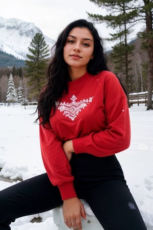 A stunning Pakistani teenage girl, 18 years young, with long black hair, sits delighted in the snow-covered mountains, wearing a vibrant red sweat-shirt and sleek black pants.the intricate paper cutting artistry on her lap. Modern jewelry adorns her neck, adding a touch of elegance to her winter wonderland scene. Framed within a 16:9 aspect ratio, this captivating image captures her Instagram model-esque beauty, radiating confidence and poise.