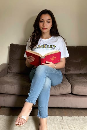 beautiful  cute young attractive girl indian face like kiara advani, teenage girl,village girl,18 year old,cute, instagram model, sitting in a sofa, large surrounding , full body , very wide photo, reading book, wearing shirt and jeans