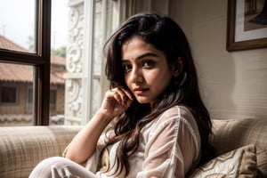 beautiful cute young attractive girl indian, teenage girl, village girl,18 year old,cute, instagram model,long black hair .Bindi,  Envision a Pakistani girl in a beautiful white shalwar kameez, seated elegantly on sofa near big glass window ,having cup of warm cofee, her chest subtly emphasized, exuding confidence and grace Paperwork, intricate paper cutting with layered textures and delicate patterns,cup, coffee --ar 16:9 --v 5,Indian