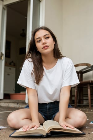 1girl, long hair, looking at viewer, brown hair, shirt, brown eyes, sitting, white shirt, upper body, short sleeves, parted lips, teeth, solo focus, indoors, blurry, lips, book, depth of field, ground vehicle, messy hair, open book, realistic, nose