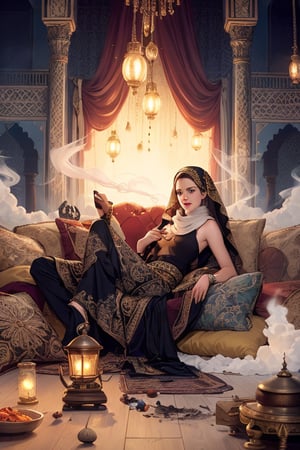 young woman, ((Emma Watson, solo)), ((medieval Arabian harem)), pornstar, ((oil lamp, genie lamp, harem clothes, veil, hijab, pile of ornate pillows)), sweating. ((reclining)), away, long hair, hands on waist, ((hookah smoke curling around)), ((Djinn, smoke curling around ankles, legs transforming into smoke, smoke going into bottle)),DonMW1nd