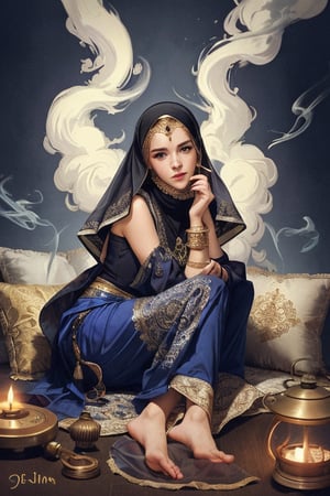 oil painting, young woman, ((Emma Watson, portrait, solo)), ((medieval Arabian harem)), pornstar, ((oil lamp, genie lamp, harem clothes, veil, hijab, pile of ornate pillows)), sweating. ((reclining)), away, long hair, hands on waist, ((hookah smoke curling around)), ((Djinn, smoke curling around ankles, legs transforming into smoke)),DonMW15p