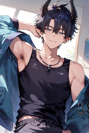 score_9, score_8_up, score_7_up, masterpiece, best quality, 1boy, male focus, ren_zotto, horns, black hair, blue eyes, pointy ears, looking at viewer