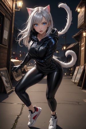 cute young and slim cat girl, of stunning beauty with dazzling blue eyes and full lips, long silver hair with cat ears and tail, ((she wears a tight black hoodie and black pants with sneakers, she has black gloves)). The high-quality portrait shows her in an attack position in The strret at night, it shows her with a serious and confident expression, trusting in her strength.
dazzling eyes,Sofy Cat