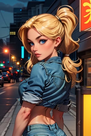 (8K, masterpiece, best quality), 1 girl, flirty face, long hair with pony tail, blonde hair, blue eyes, medium_breasts, slim_waist, more detail XL, wears an open denim jacket a black top and denim shorts, she Is in the street outside, night, looking_at_viewer,
