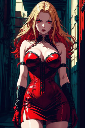 A captivating image of a strikingly beautiful woman who is young and slim, portrayed as a female vampire from the underworld. Her piercing red eyes and full lips convey fear to anyone who looks directly at her, while her long blonde hair with red highlights is carefully loose and adorned with strong highlights. She is dressed in a black corset with red details with a short red dress and red gloves. The half-length, three-quarter length representation shows her in a dark and gloomy alley, exuding respect and confidence. This high-quality image, whether a painting or photograph, captures his alluring and formidable presence, immersing viewers in his captivating portrait. He has a hard expression, serious and ready to attack if provoked. Dazzling eyes