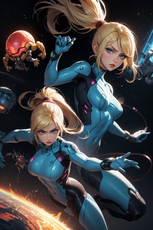 A captivating image of a strikingly beautiful woman who is young and slim, portrayed as a space mercenary Samus Aran. ((different poses)). Her penetrating blue eyes and full lips convey respect to anyone who looks directly at her, she is equipped with weapons equal to those in the Metroid video game, while her long blonde hair is carefully styled in a ponytail and adorned with strong highlights. She is dressed in her Samus Zeroun suit, equipped with several weapons from the Metroid video game. The full-body depiction shows her about to enter combat, exuding respect and confidence. This high-quality image, whether a painting or photograph, captures his alluring and formidable presence, immersing viewers in his captivating portrait. It has a hard, serious expression and is about to attack if provoked. Dazzling eyes