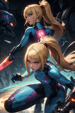 A captivating image of a strikingly beautiful woman who is young and slim, portrayed as a mercenary Samus Aran 1girl. ((different poses)). Her penetrating blue eyes and full lips convey respect to anyone who looks directly at her, she is equipped with weapons equal to those in the Metroid video game, while her long blonde hair is carefully styled in a ponytail and adorned with strong highlights. She is dressed in her Samus Zeroun suit, equipped with several weapons from the Metroid video game. The full-body depiction shows her about to enter combat, exuding respect and confidence. This high-quality image, whether a painting or photograph, captures his alluring and formidable presence, immersing viewers in his captivating portrait. It has a hard, serious expression and is about to attack if provoked. Dazzling eyes,samus aran