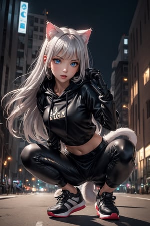 cute young and slim cat girl, of stunning beauty with dazzling blue eyes and full lips, long silver hair with cat ears and tail, ((she wears a tight black hoodie and black pants with sneakers, she has black gloves)). The high-quality portrait shows her in an attack position squatting on a building at night, it shows her with a serious and confident expression, trusting in her strength.
dazzling eyes