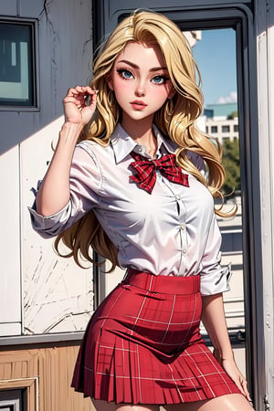 beautiful blonde girl, long hair, wears a high school uniform with a red plaid skirt and white blouse, poses like a super model in a elegante highschool.