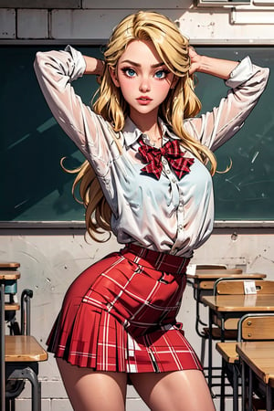 beautiful blonde girl, long hair, wears a high school uniform with a red plaid skirt and white blouse, poses like a super model in a school.