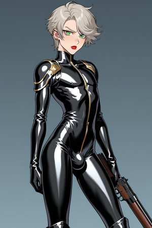 In a distant two-suns planet's alien valley, a young man with short grey hair and piercing green eyes, donning a rinoceros-shaped armor and black bodysuit, dashes forth. His androgynous features are accentuated by high cheekbones and a subtle jawline. He grasps black globes that hold a shotgun at the ready, his handsome face set in a determined expression. Mid-length hair blows back as he runs, revealing a glimpse of blonde locks beneath. Bulge-panted leather boots make him look both powerful and agile. Light lipstick adds a touch of sweetness to his pretty eyes, which seem to sparkle like the twin suns above.