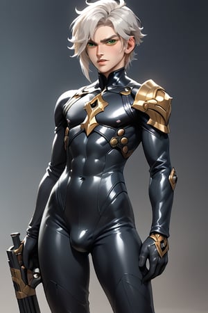 In a distant two-suns planet's alien valley, a young man with short grey hair and piercing green eyes, donning a rinoceros-shaped armor and black bodysuit, dashes forth. His androgynous features are accentuated by high cheekbones and a subtle jawline. He grasps black globes that hold a shotgun at the ready, his handsome face set in a determined expression. Mid-length hair blows back as he runs, revealing a glimpse of blonde locks beneath. Bulge-panted leather boots make him look both powerful and agile. Light lipstick adds a touch of sweetness to his pretty eyes, which seem to sparkle like the twin suns above.