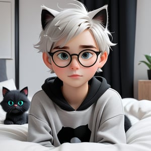 androgynous, young boy, with pale skin, Round eyeglasses, discreet masculine earrings, short hair color black, wearing a light gray hoodie and black lycra leggings, Loafers, 3d animated style, with his black furry cat They both rest comfortably on the bed in the modern-looking and decorated bedroom before work in the laptop,