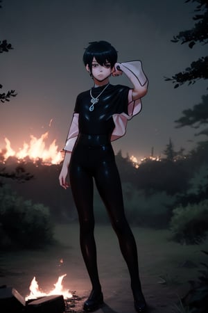 night, forest, cute boy figure, a slender and androgynous soft body young boy dressed with tight hot pants silk and shiny ancient outfit mystical formed from burning ashes, crows surround the scene at 3:00 am of the night,Her slender figure floats quickly along a forest path, leaving a trail of incandescent ashes, epic manga dark style, manga drawing, manga semi-realistic, anime, manga style, beautiful boy, handsome boy,  slender boy, body soft boy, anime boy, manga boy, tight outfit boy. black silk, semi-transparent,hight tights, dark ambient, night epic,earrings necklaces and ankle bracelets,