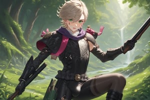 In a valley bathed in the warm glow of two setting suns on a distant planet, a young man with short grey hair and piercing green eyes, clad in a black bodysuit and rinoceros-shaped armor, dashes forth. His androgynous features are highlighted by high cheekbones and a subtle jawline as he grasps black globes containing a shotgun at the ready. The determined expression on his handsome face is set amidst mid-length hair blown back, revealing a glimpse of blonde locks beneath. Bulge-panted leather boots enhance his powerful yet agile appearance. Soft light lipstick adds a touch of sweetness to his sparkling green eyes, which seem to shine like the twin suns above.