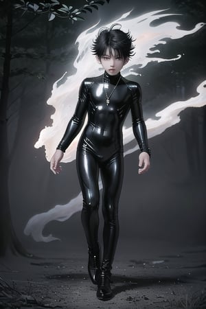 night, tight dress, metalic necklaces and ankle bracelets, dress, mannered cute boy soft and ghostly figure, pale androgynous soft body young boy dressed with tight bodysuit silk or lycra and shiny outfit mysticaly formed from burning ashes at night in forest, epic manga dark style, beautiful boy, handsome boy, slender boy, body soft boy, anime boy, manga boy, tight outfit boy. black silk, semi-transparent, translucid suit, hight tights, dark ambient, night epic