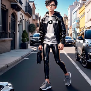 young androgynous boy in black thights lycra leggings and shirt dressed with open light grey hoodie and socks, pale skin, drop frame eyeglasses, hair cut is short youthful in layers for volume and long top strands towards the forehead, bicolor loafers, walking in a street with his laptop bag and a kia k3 red color car parked behind him,3d pixar style,Car,penis penetration,1Car