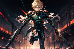 In a distant two-suns planet's alien valley, a young man with short grey hair and piercing green eyes, donning a rinoceros-shaped armor and black bodysuit, dashes forth. His androgynous features are accentuated by high cheekbones and a subtle jawline. He grasps black globes that hold a shotgun at the ready, his handsome face set in a determined expression. Mid-length hair blows back as he runs, revealing a glimpse of blonde locks beneath. Bulge-panted leather boots make him look both powerful and agile. Light lipstick adds a touch of sweetness to his pretty eyes, which seem to sparkle like the twin suns above.