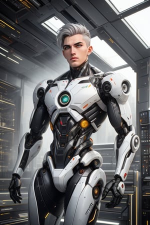 young android boy, androgynous, slightly surprice expression, emerald eyes, steel-grey hair color, discrete pink nose lips and knees, his body being assembled in a laboratory with white walls or domed shapes, the pieces of his mechanical and white-skinned body come out through mechanical arms from a pool of liquid under his body, epic style,Android,android,Cyborg,robot,Sci Fi,Futuristic