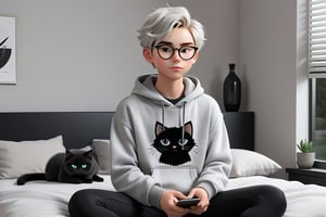 androgynous, young boy, with pale skin, Round eyeglasses, discreet masculine earrings, short hair color black, wearing a light gray hoodie and black tight lycra leggings, Loafers, 3d animated style, with his black furry cat They both rest comfortably on the bed in the modern-looking and decorated bedroom before work in the laptop,